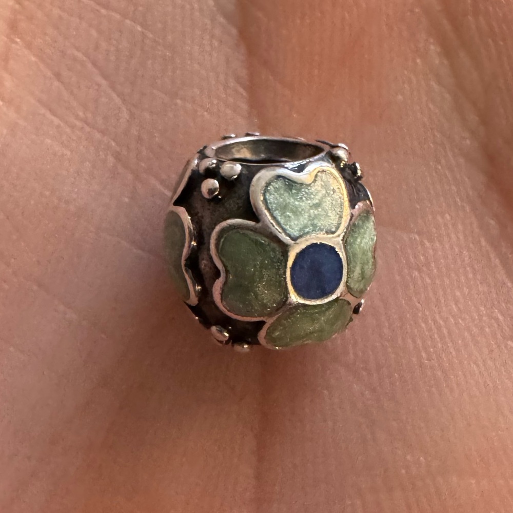 Pandora Daisy Charm-.925 Sterling Silver charm w/Green & Blue enamel accents